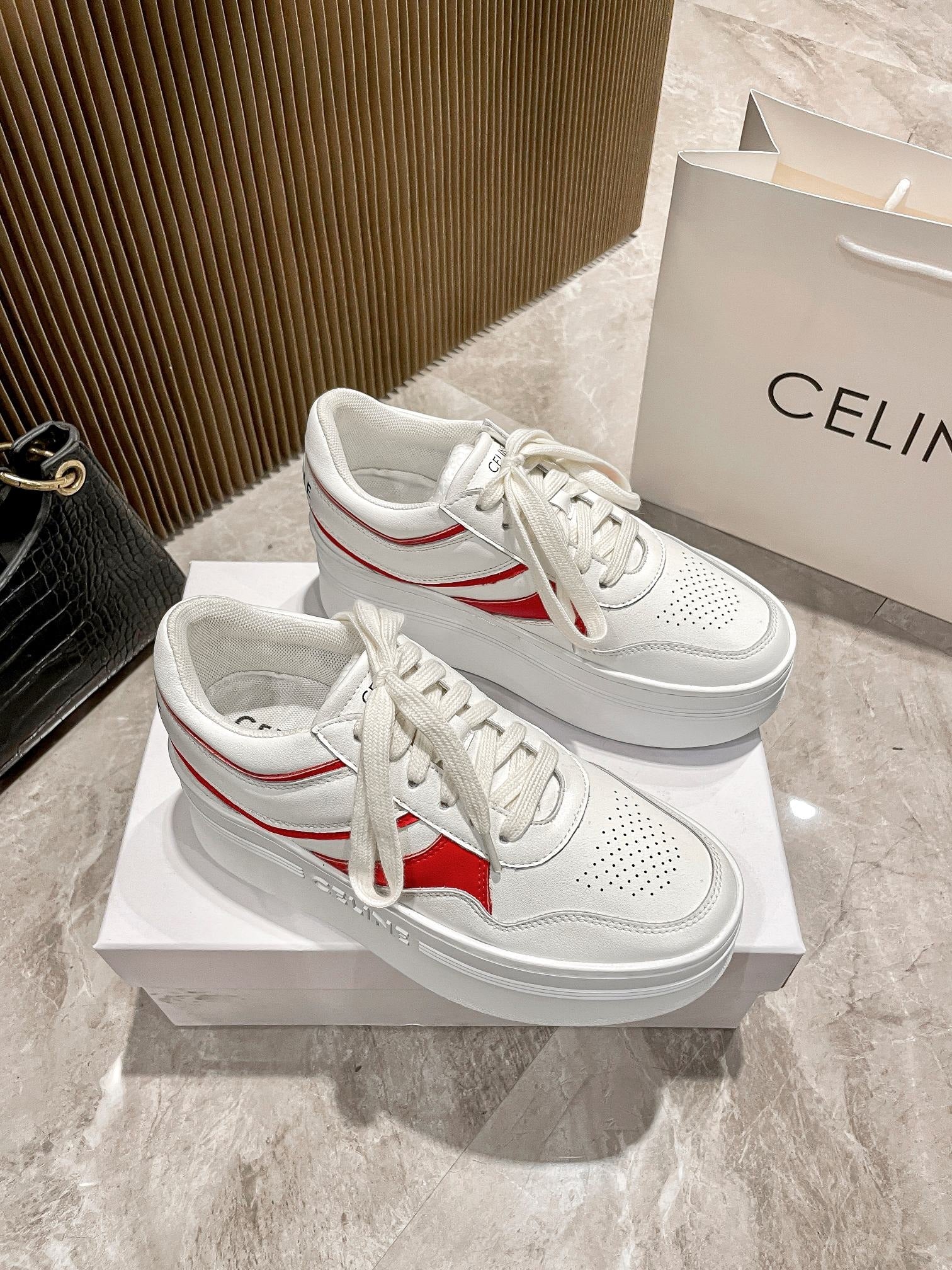 Celine Leather Vintage-Finish Sneakers