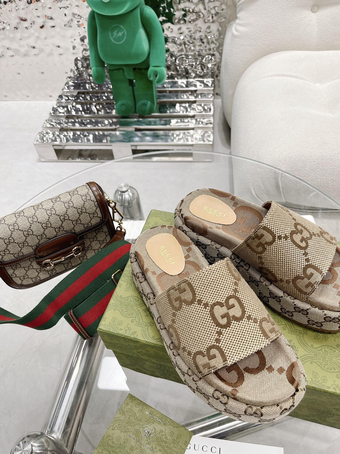Gucci Green Canvas & Leather Double G Slides