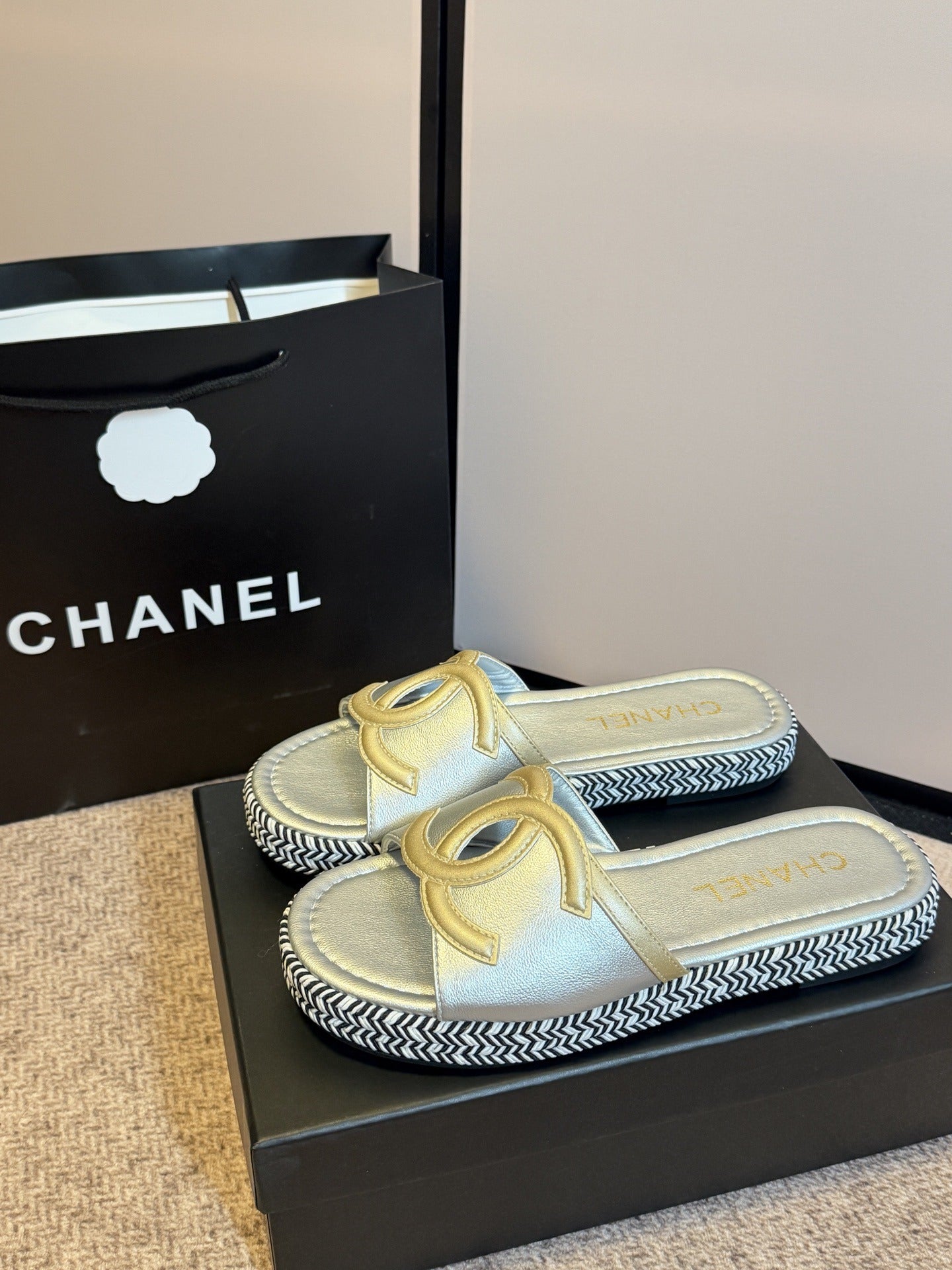 Chanel Lambskin Leather Logo Slides