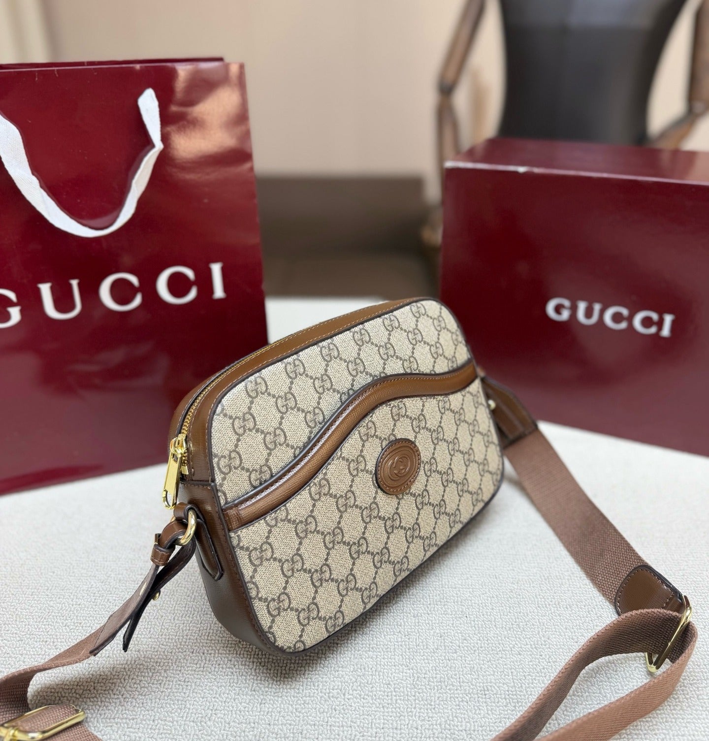 Gucci Brown Canvas & Leather Double G Crossbody Bag