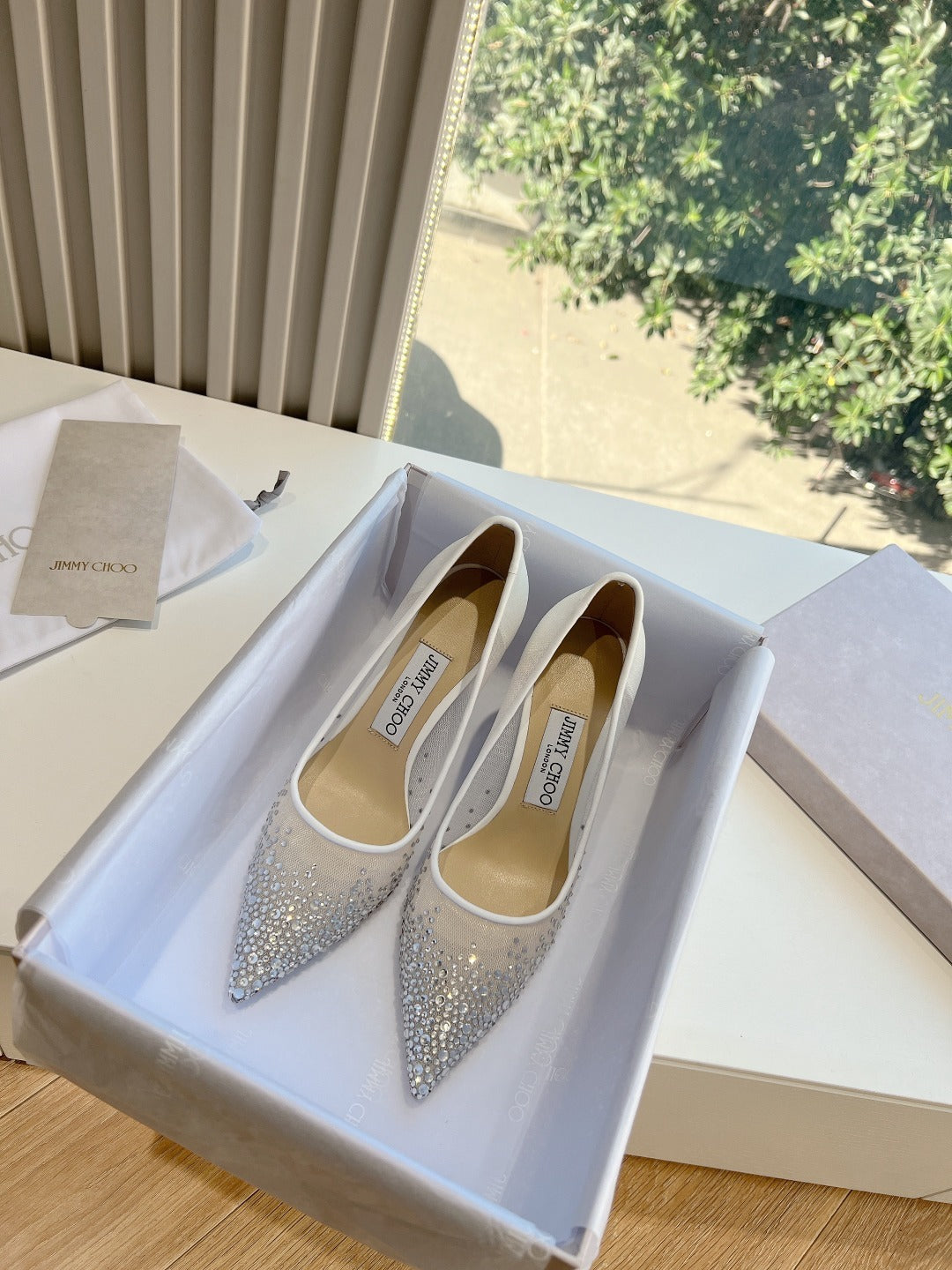 Jimmy Choo Lambskin Leather Crystal Heels