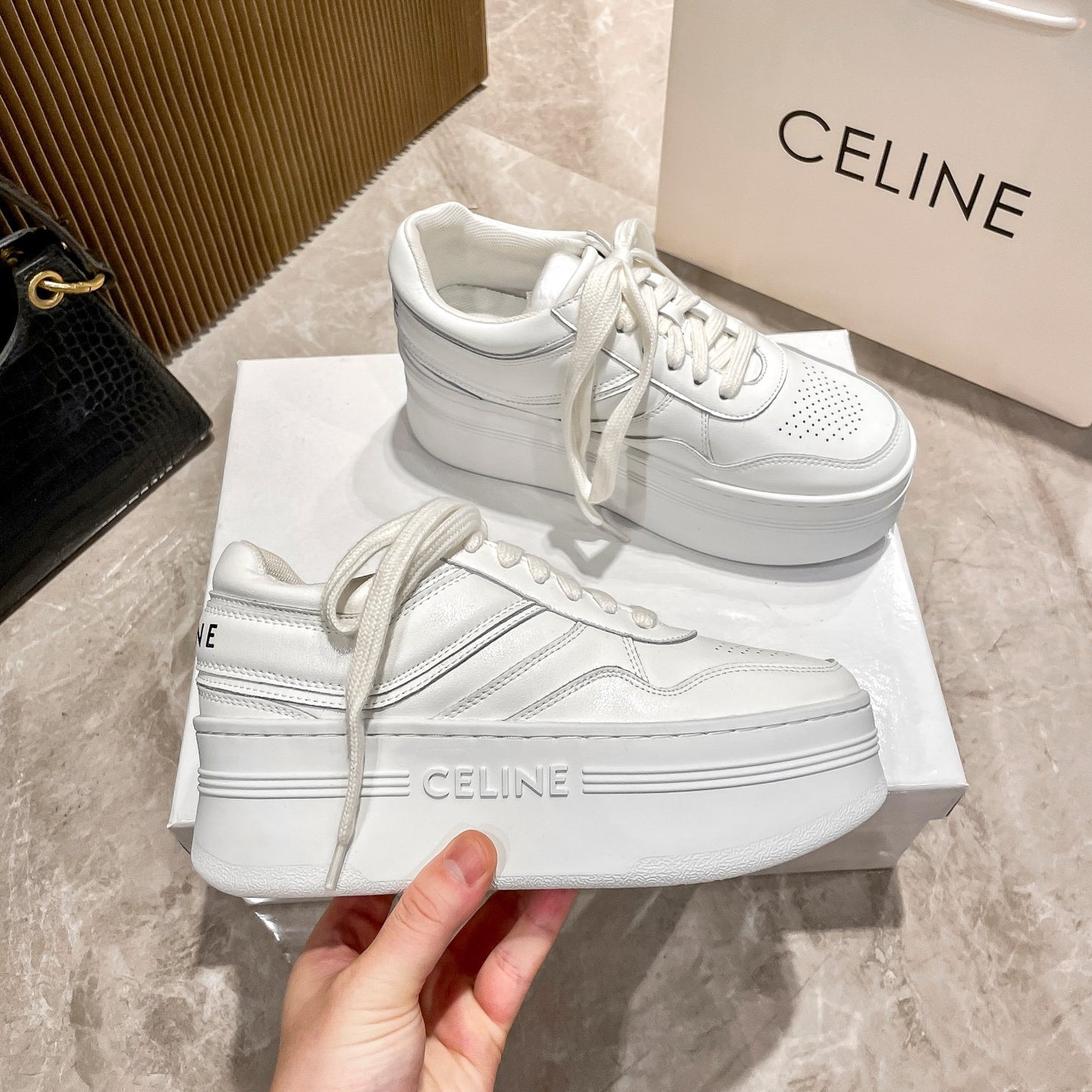 Celine Leather Vintage-Finish Sneakers