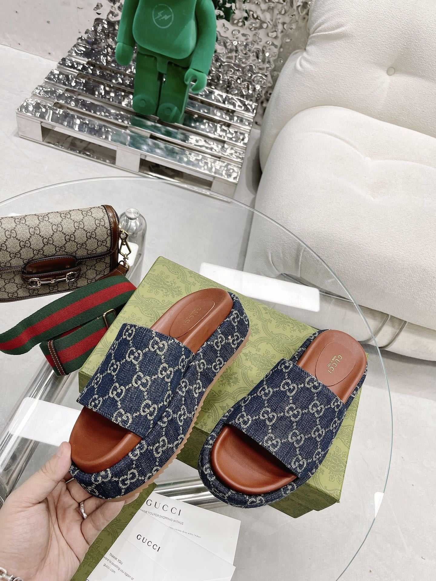 Gucci Green Canvas & Leather Double G Slides