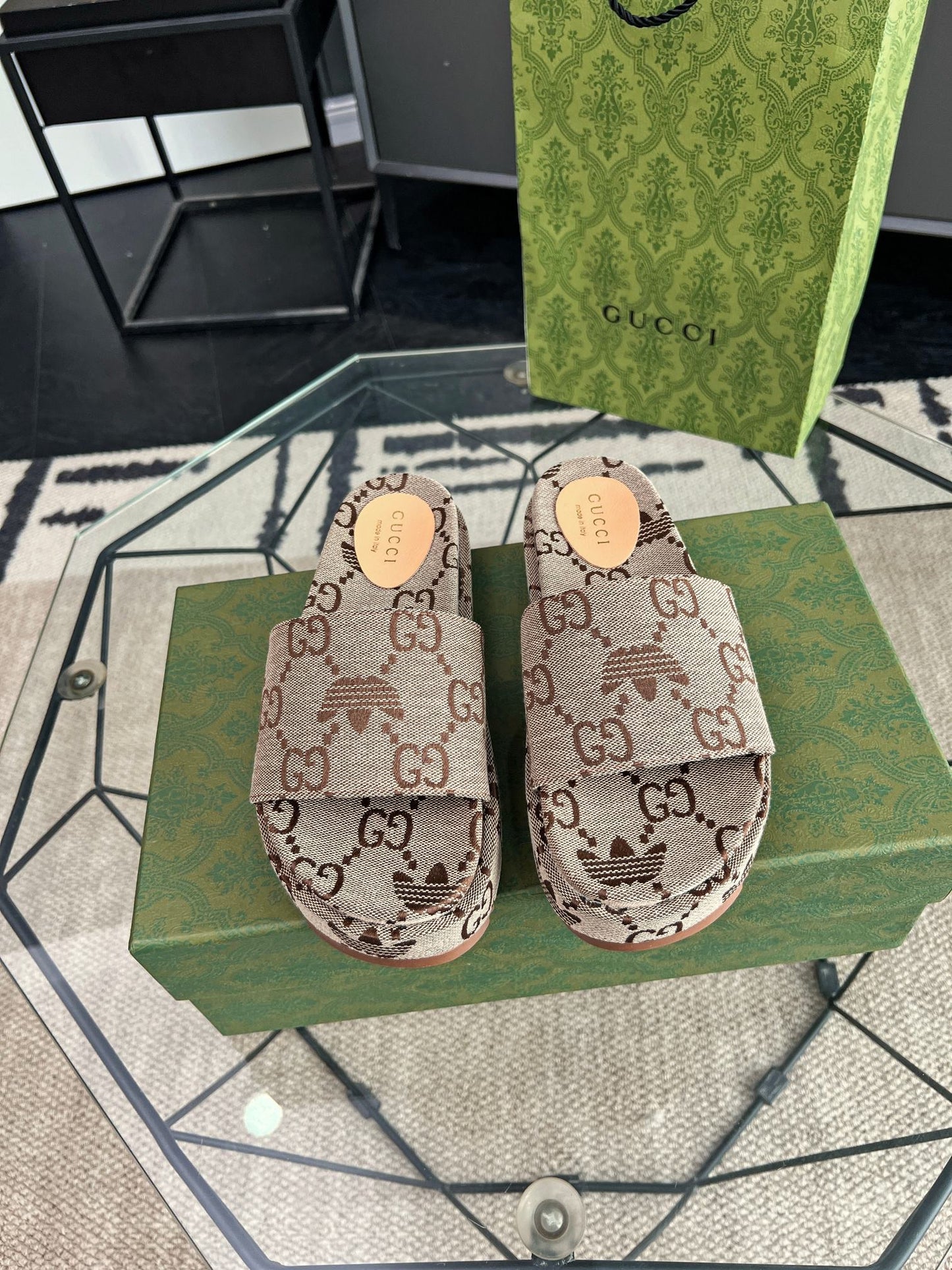 Gucci Green Canvas & Leather Double G Slides