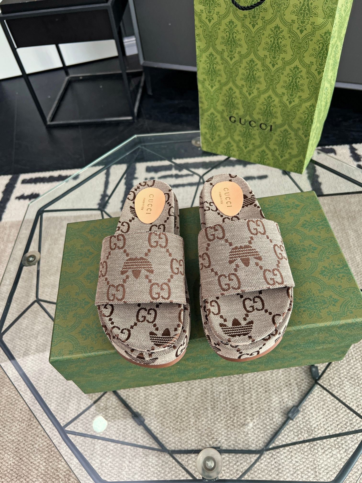 Gucci Green Canvas & Leather Double G Slides
