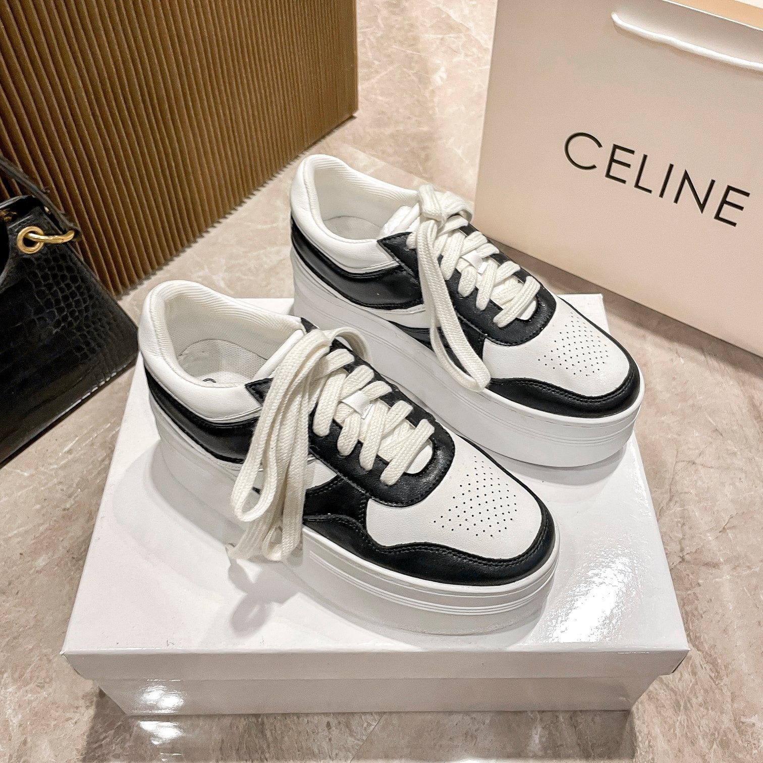 Celine Leather Vintage-Finish Sneakers