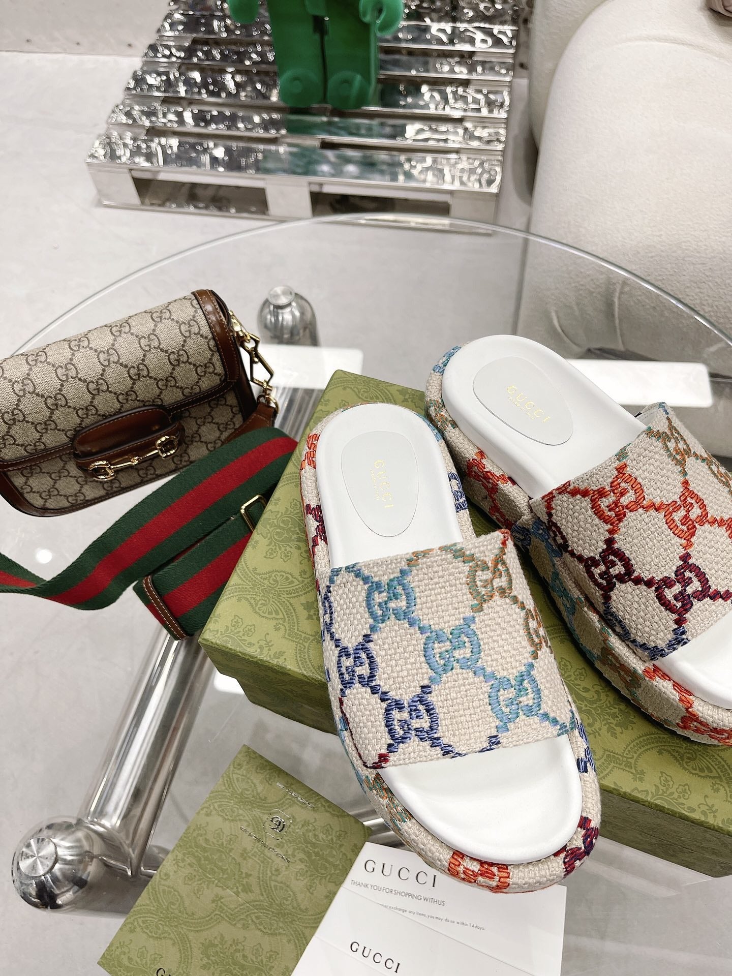 Gucci Green Canvas & Leather Double G Slides