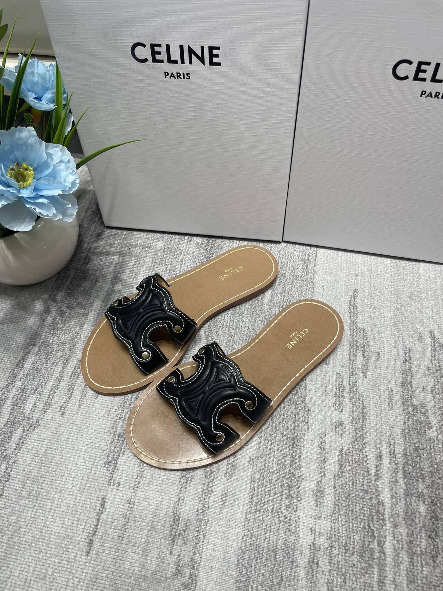 Celine Denim & Leather Tassel Slides