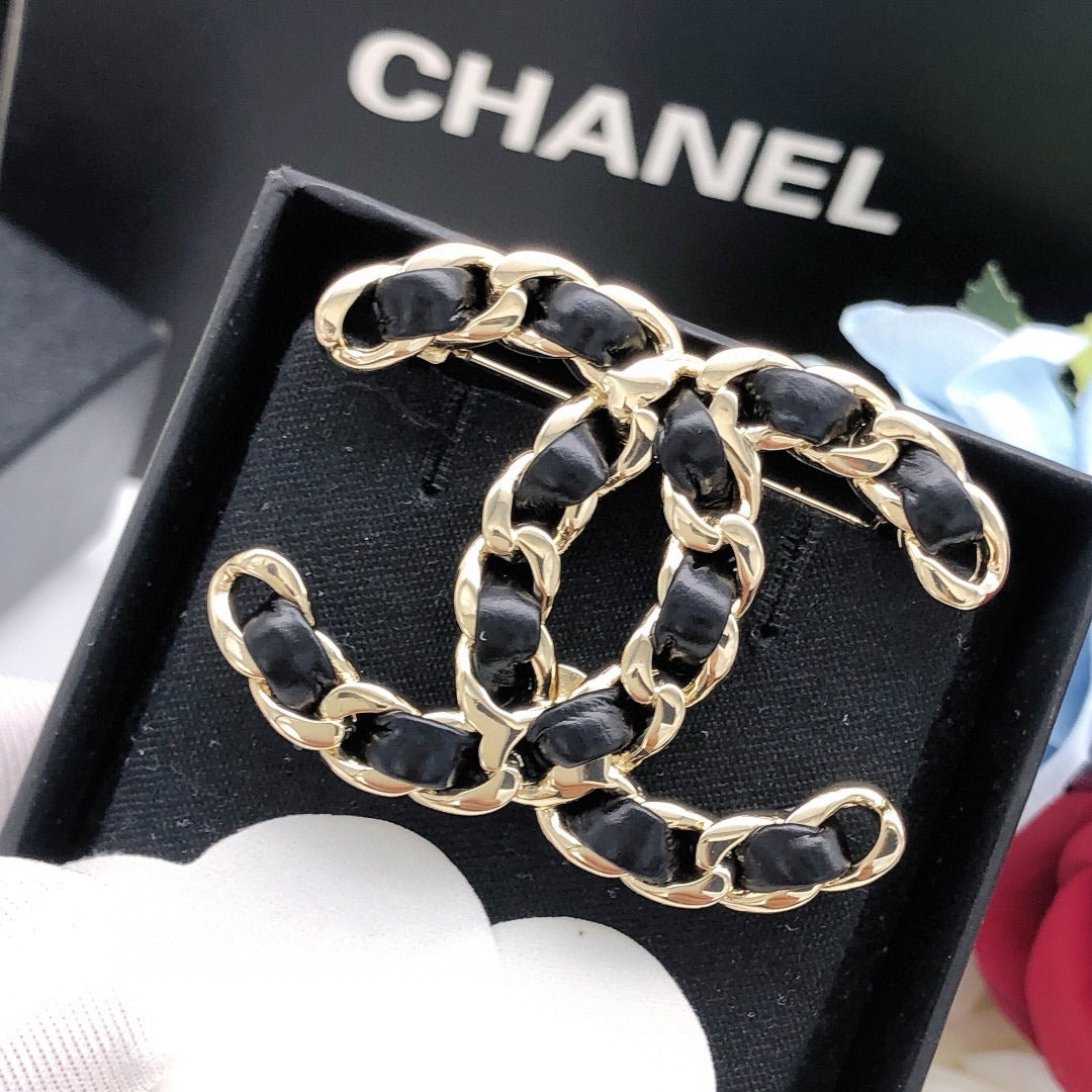 Chanel Black Lambskin Leather & Brass Brooch