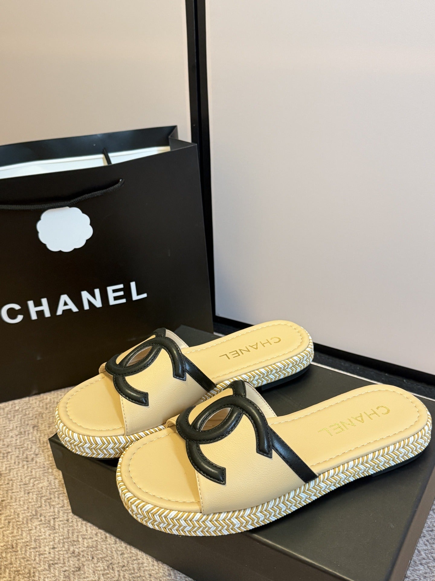 Chanel Lambskin Leather Logo Slides