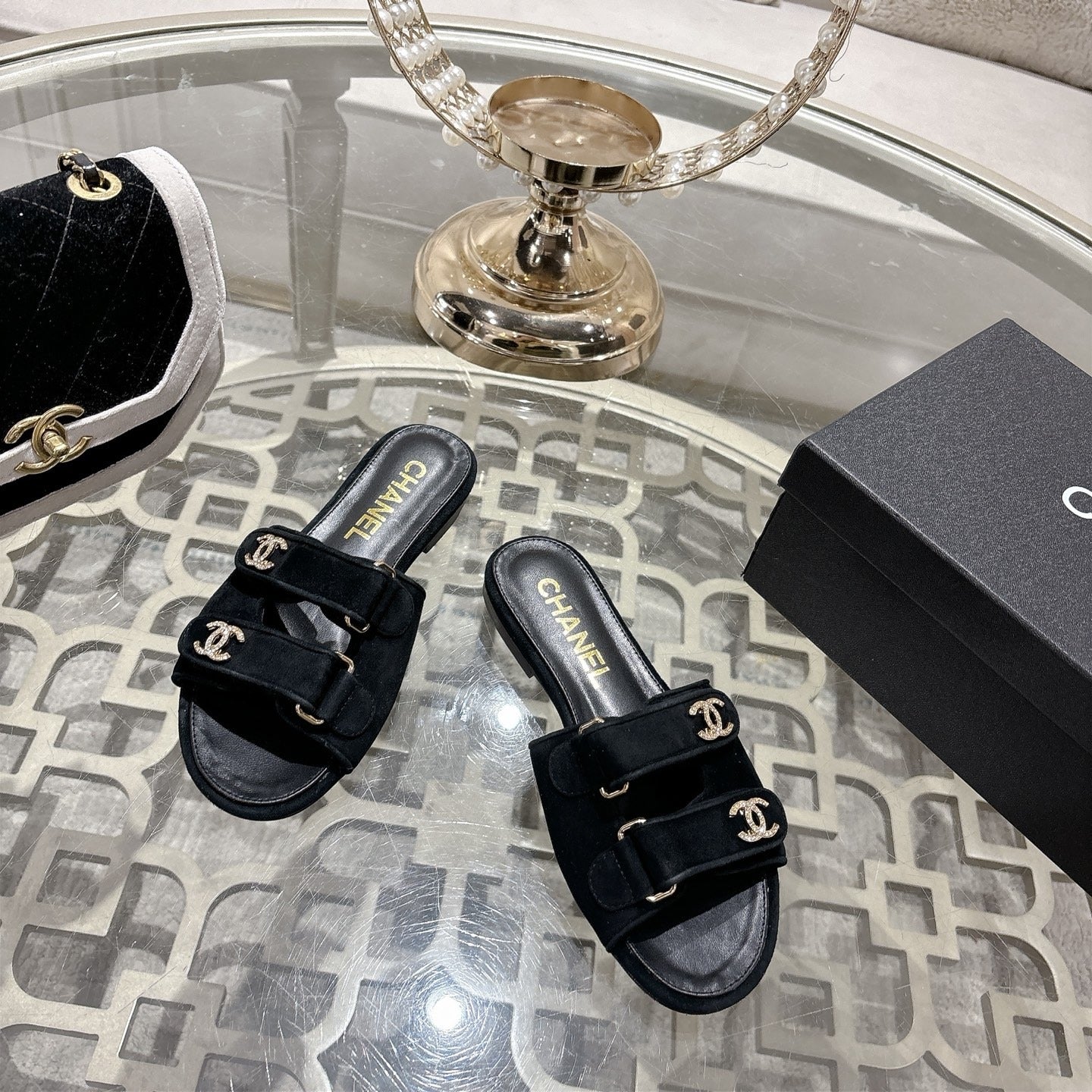 Chanel Lambskin Leather Crystal Slides