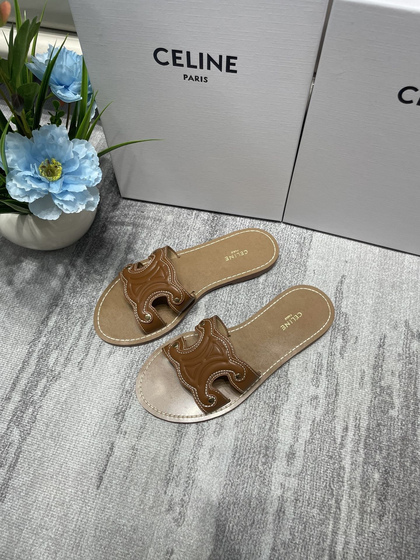Celine Denim & Leather Tassel Slides
