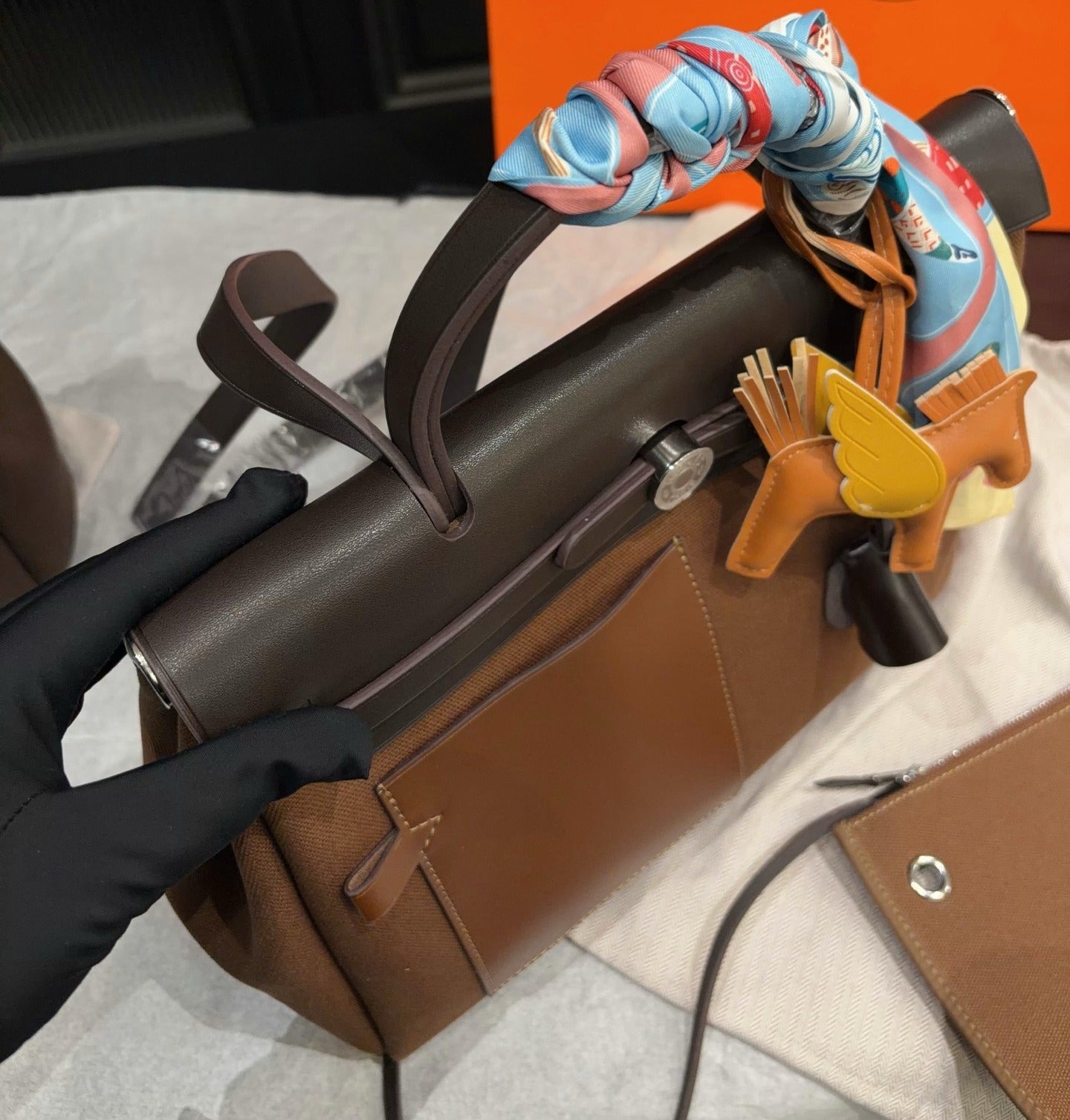 Hermes Brown Canvas & Calfskin Leather Handbag