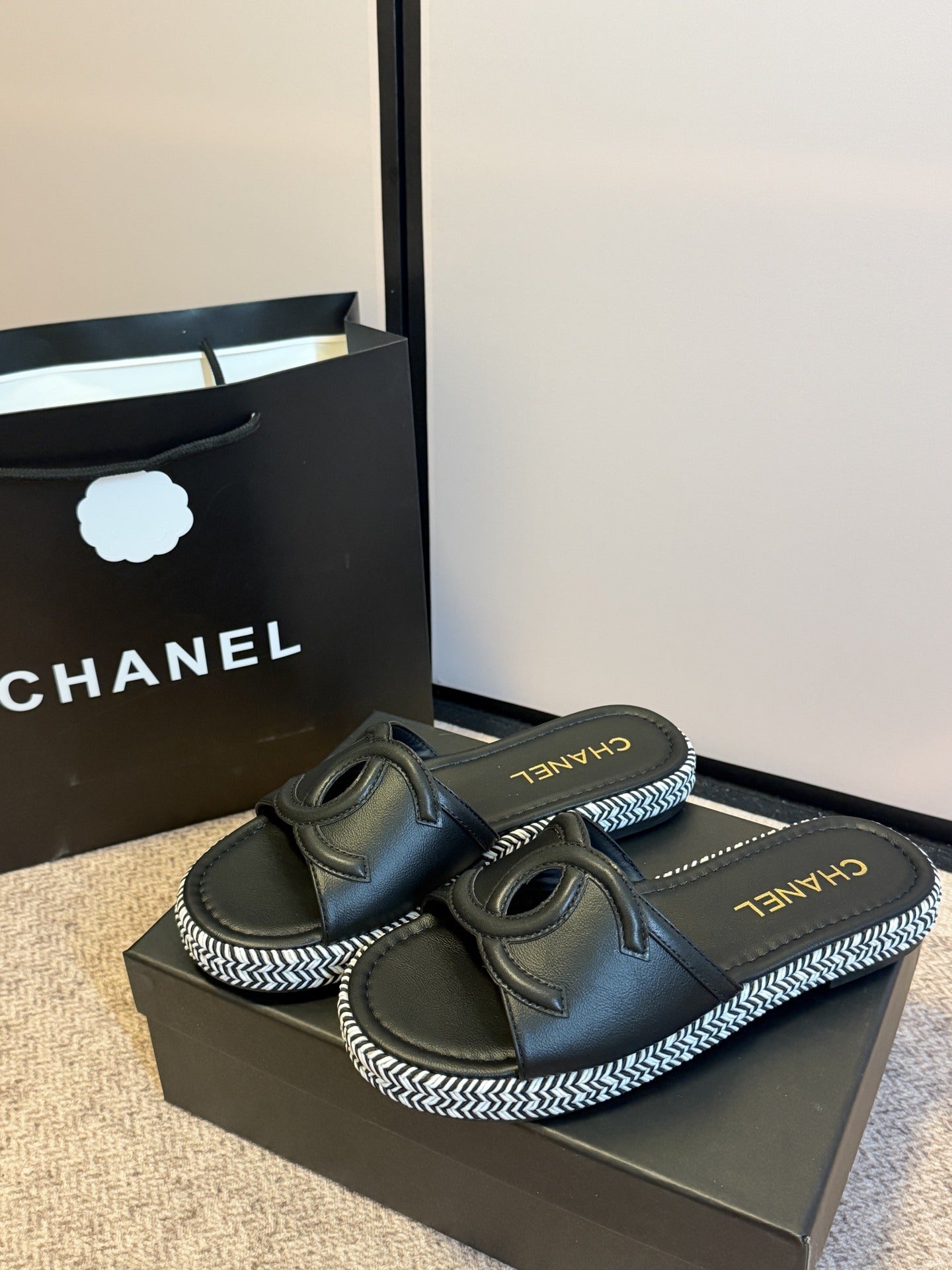Chanel Lambskin Leather Logo Slides