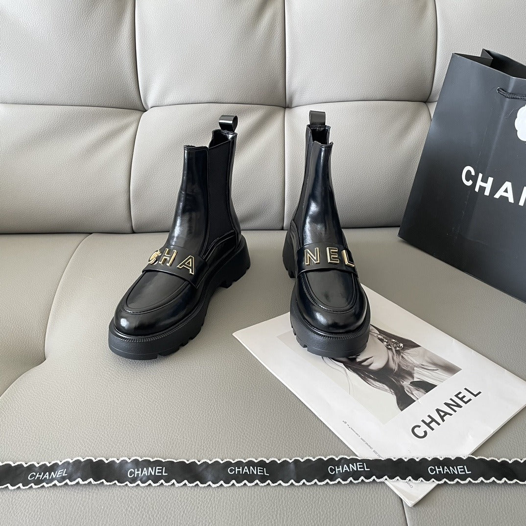 Chanel Lambskin Leather Logo Boots