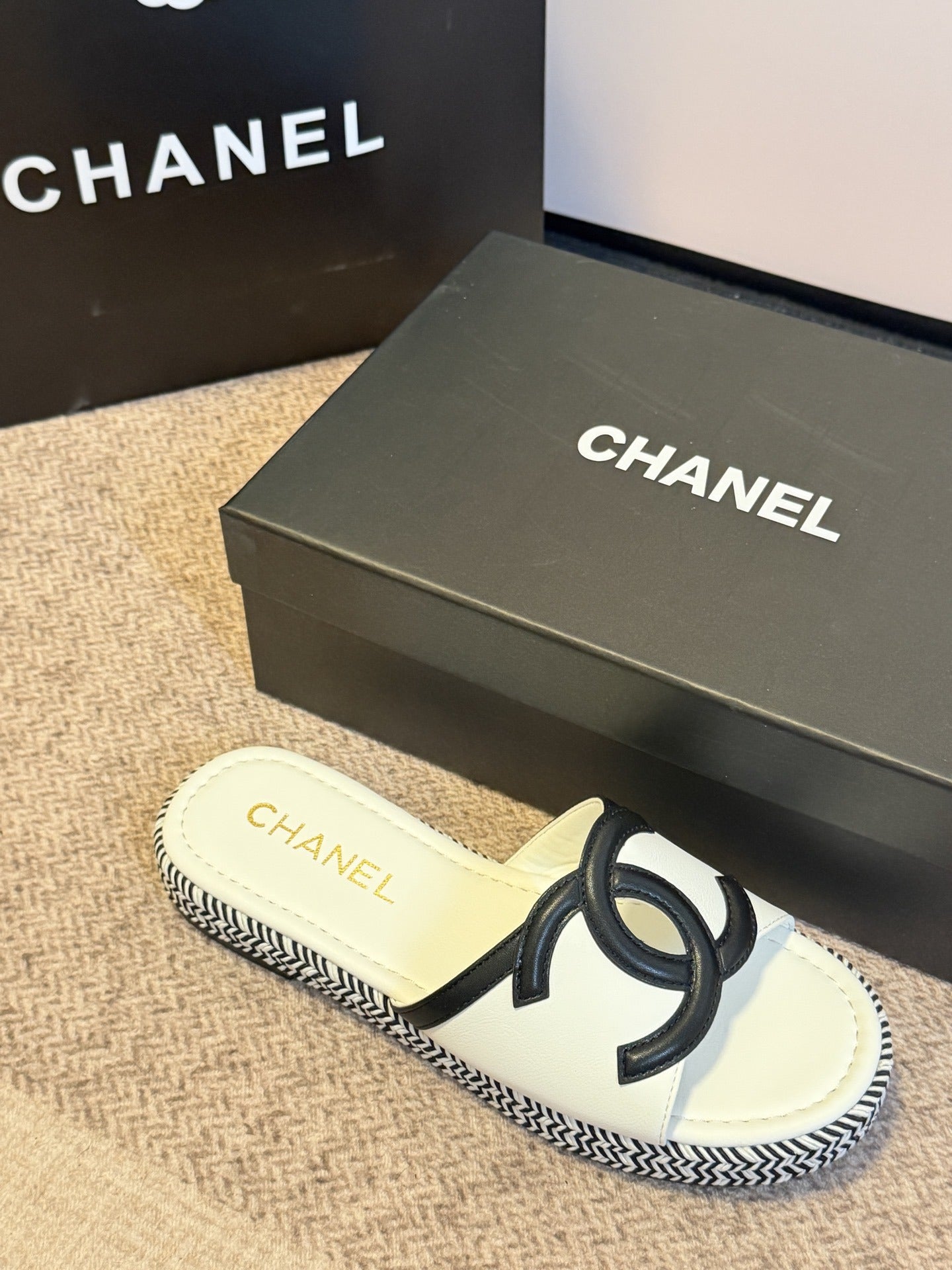 Chanel Lambskin Leather Logo Slides
