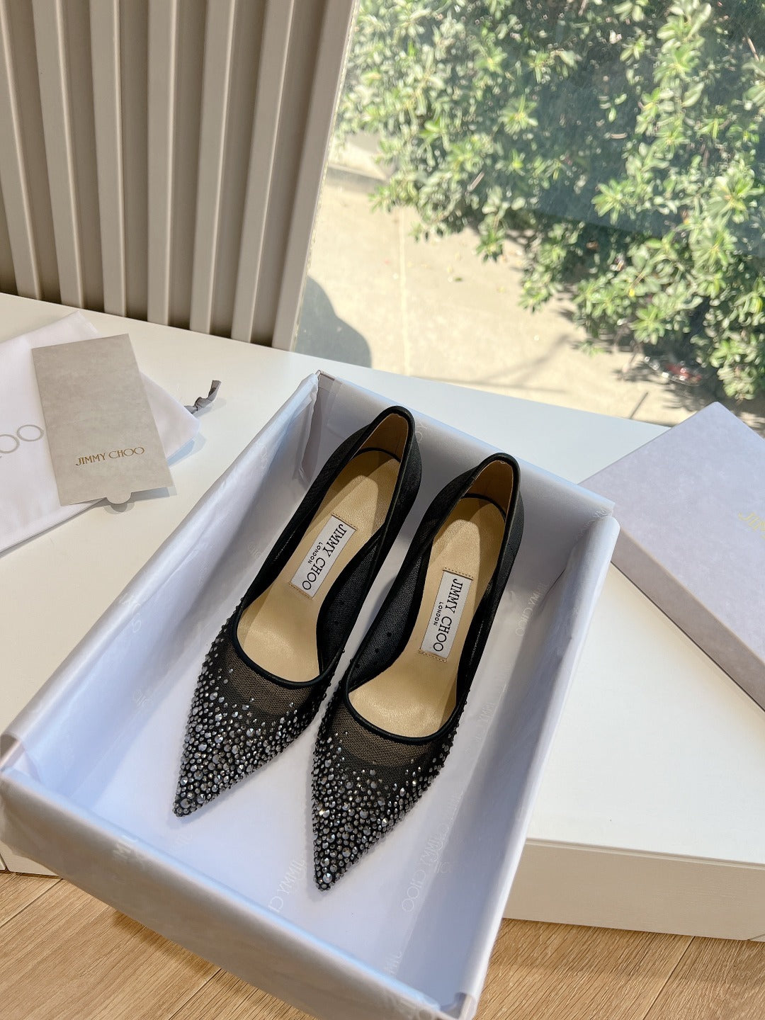 Jimmy Choo Lambskin Leather Crystal Heels