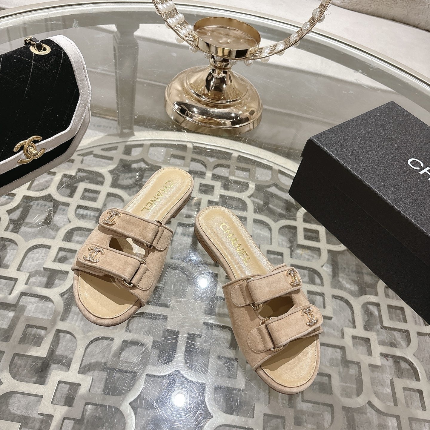 Chanel Lambskin Leather Crystal Slides