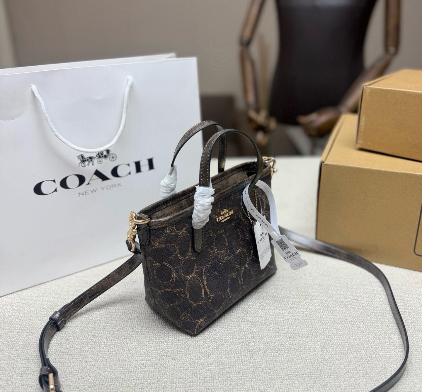 Coach Black Leather Monogram Tote Bag