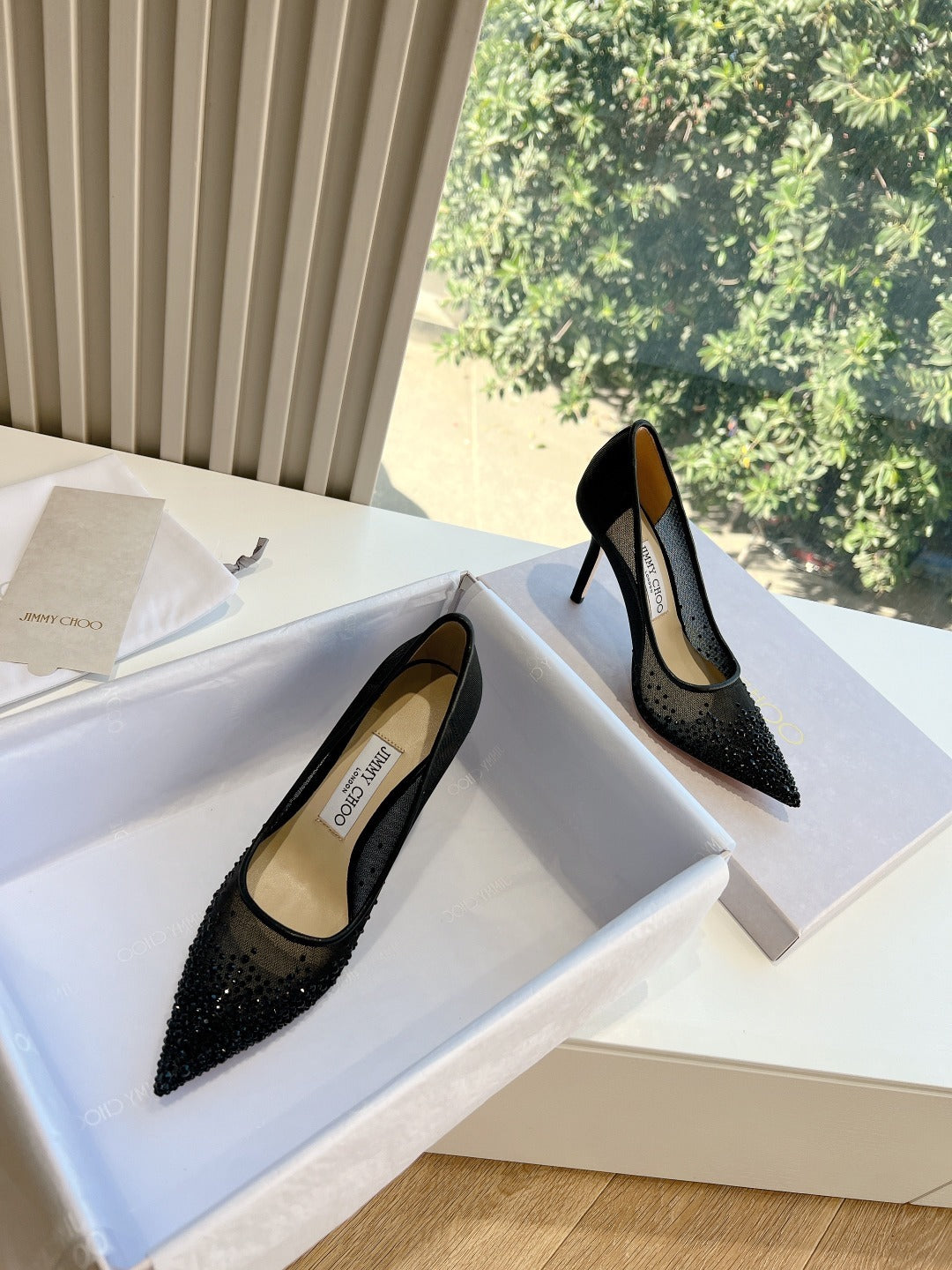 Jimmy Choo Lambskin Leather Crystal Heels