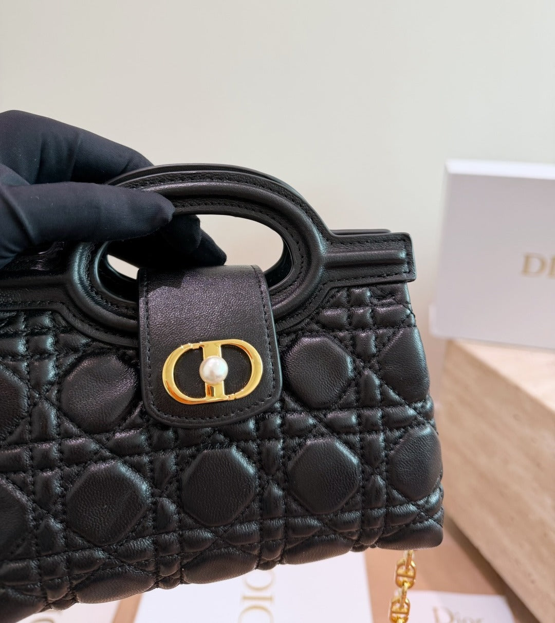 Dior Black Lambskin Leather Pearl Handbag