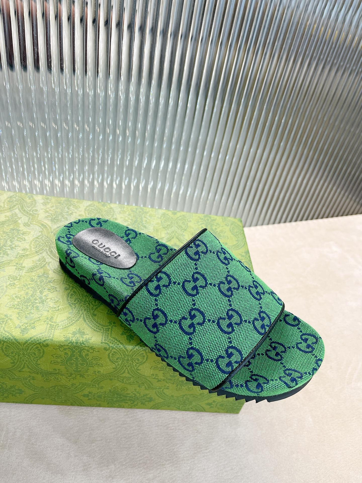 Gucci Green Canvas & Leather Double G Slides