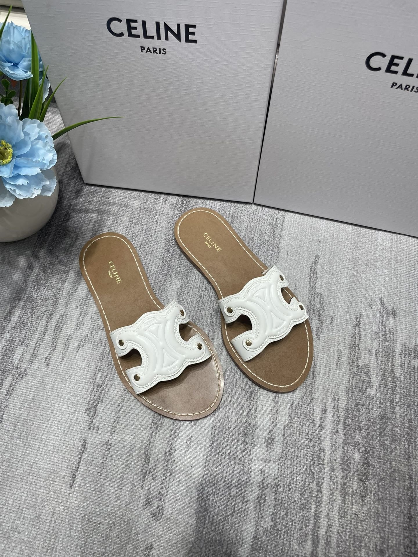 Celine Denim & Leather Tassel Slides