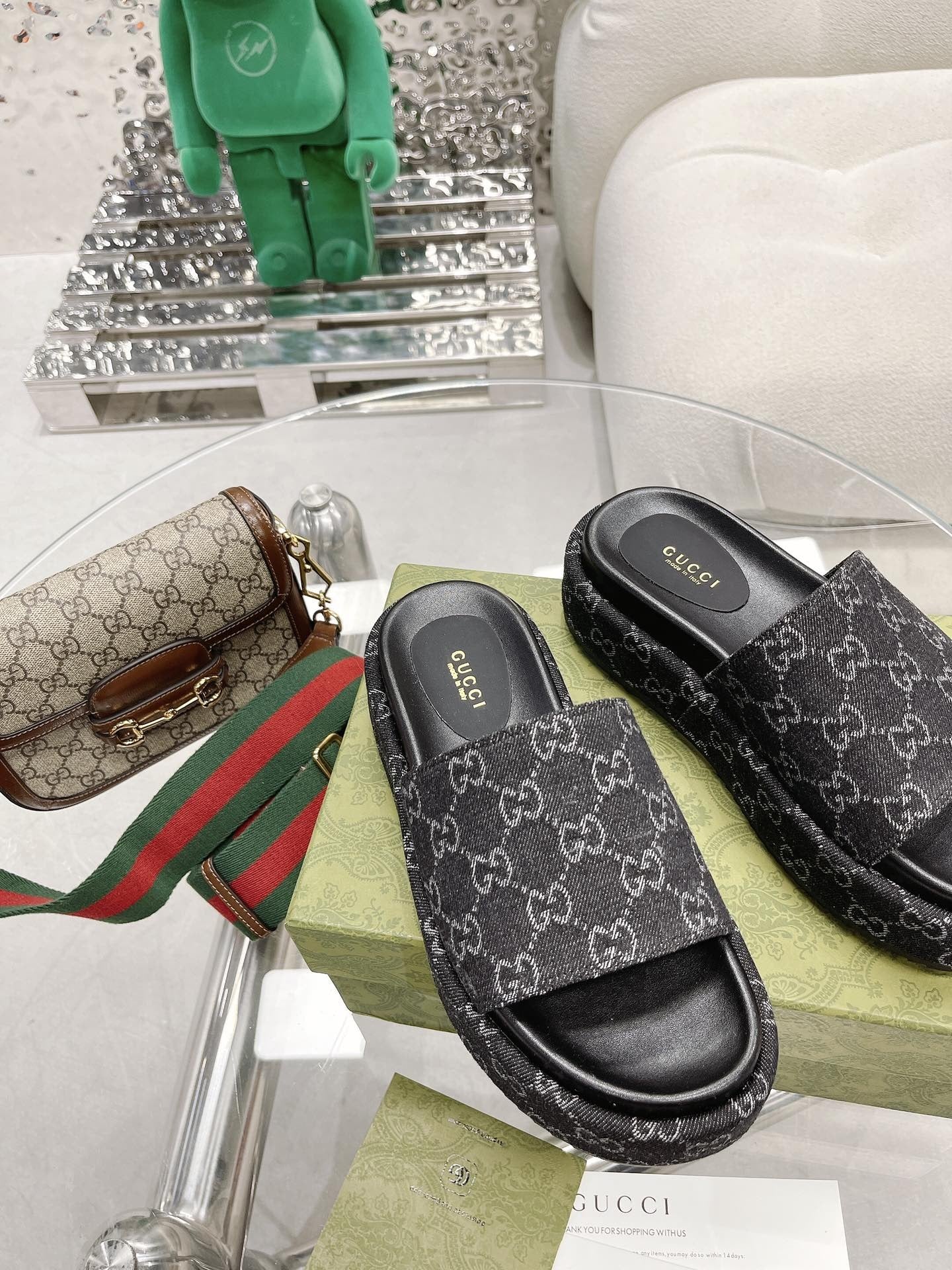 Gucci Green Canvas & Leather Double G Slides