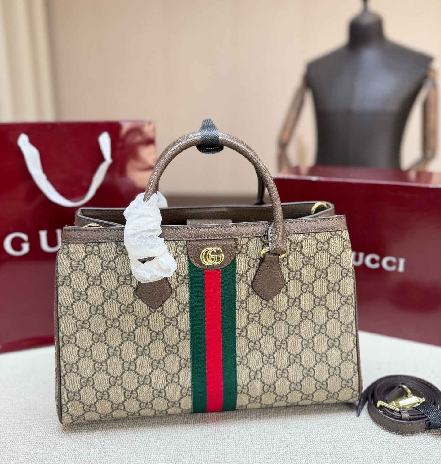 Gucci White Canvas & Leather Ophidia Tote Bag