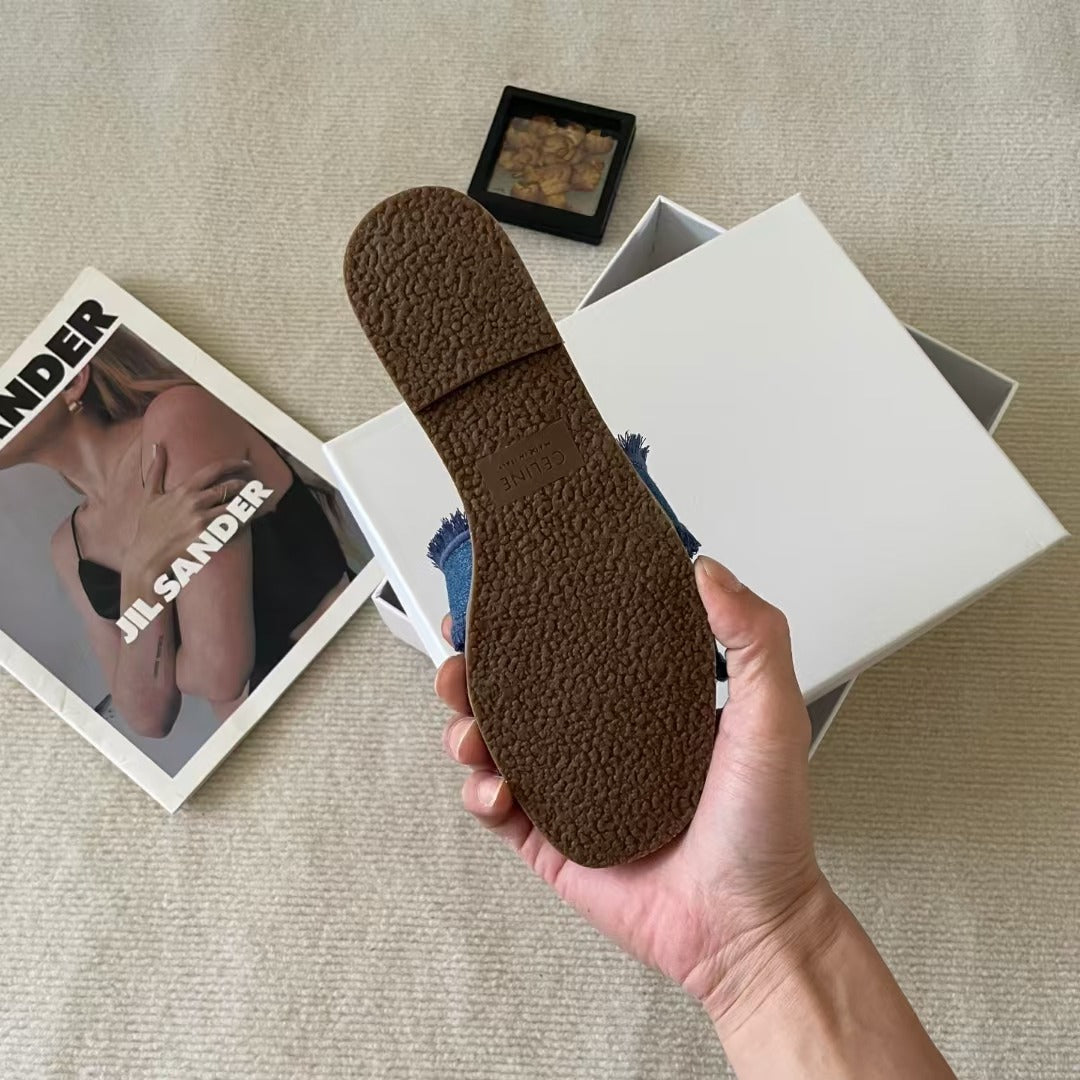 Celine Denim & Leather Tassel Slides