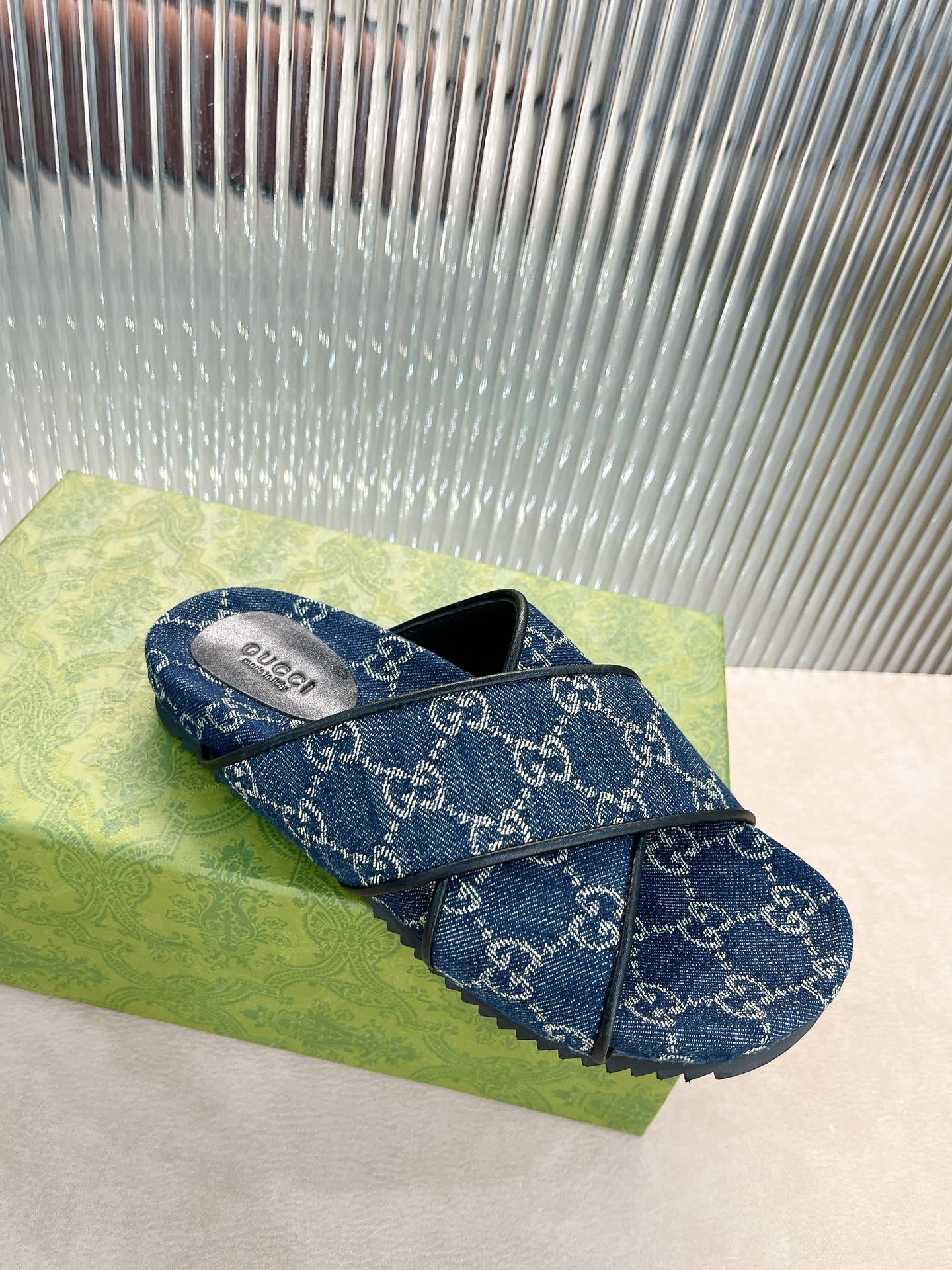 Gucci Green Canvas & Leather Double G Slides