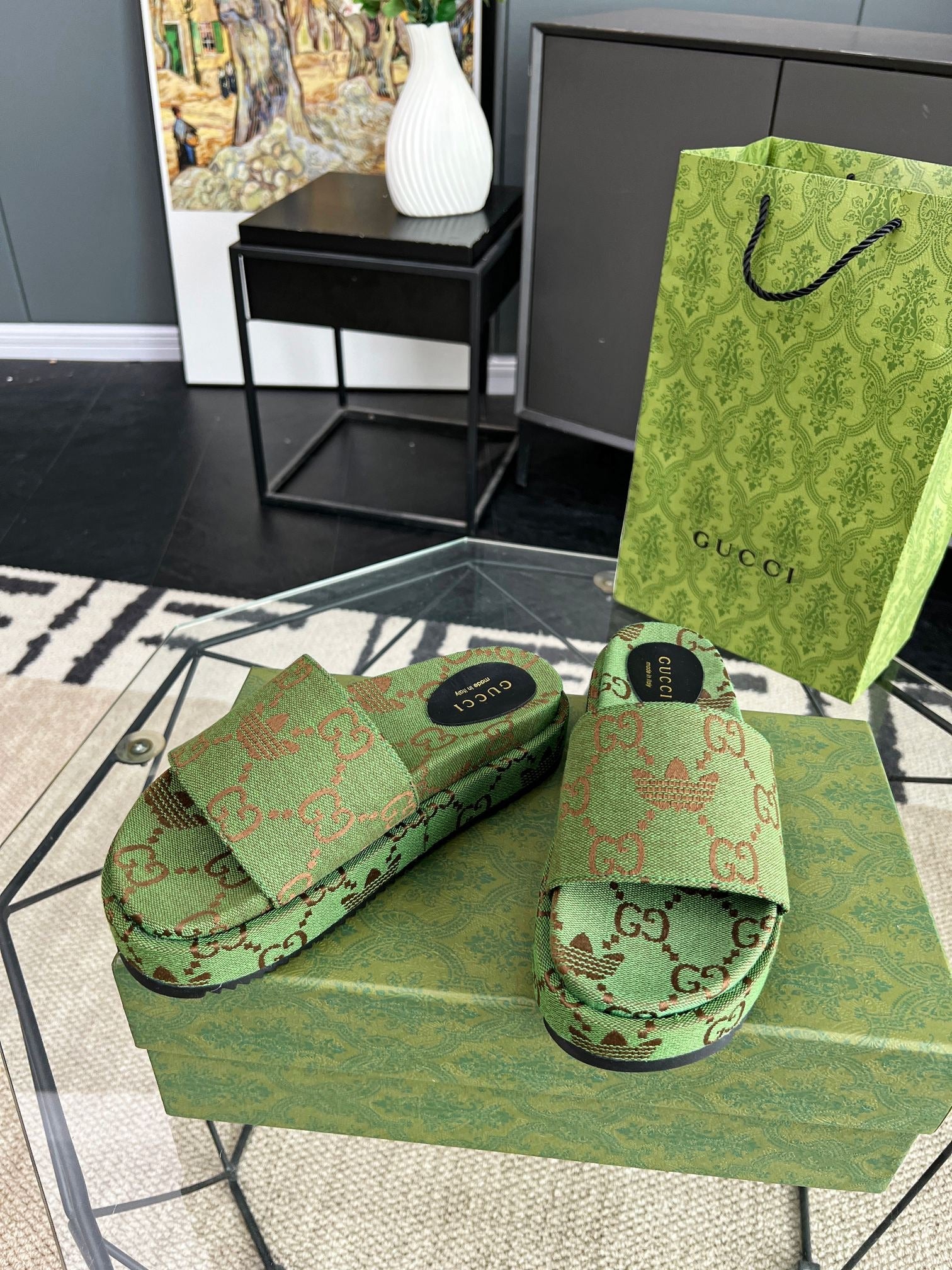 Gucci Green Canvas & Leather Double G Slides