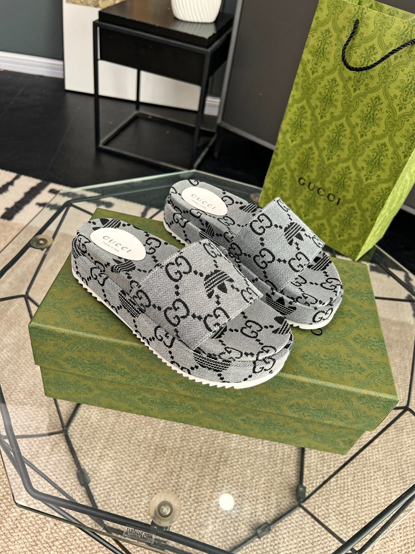 Gucci Green Canvas & Leather Double G Slides