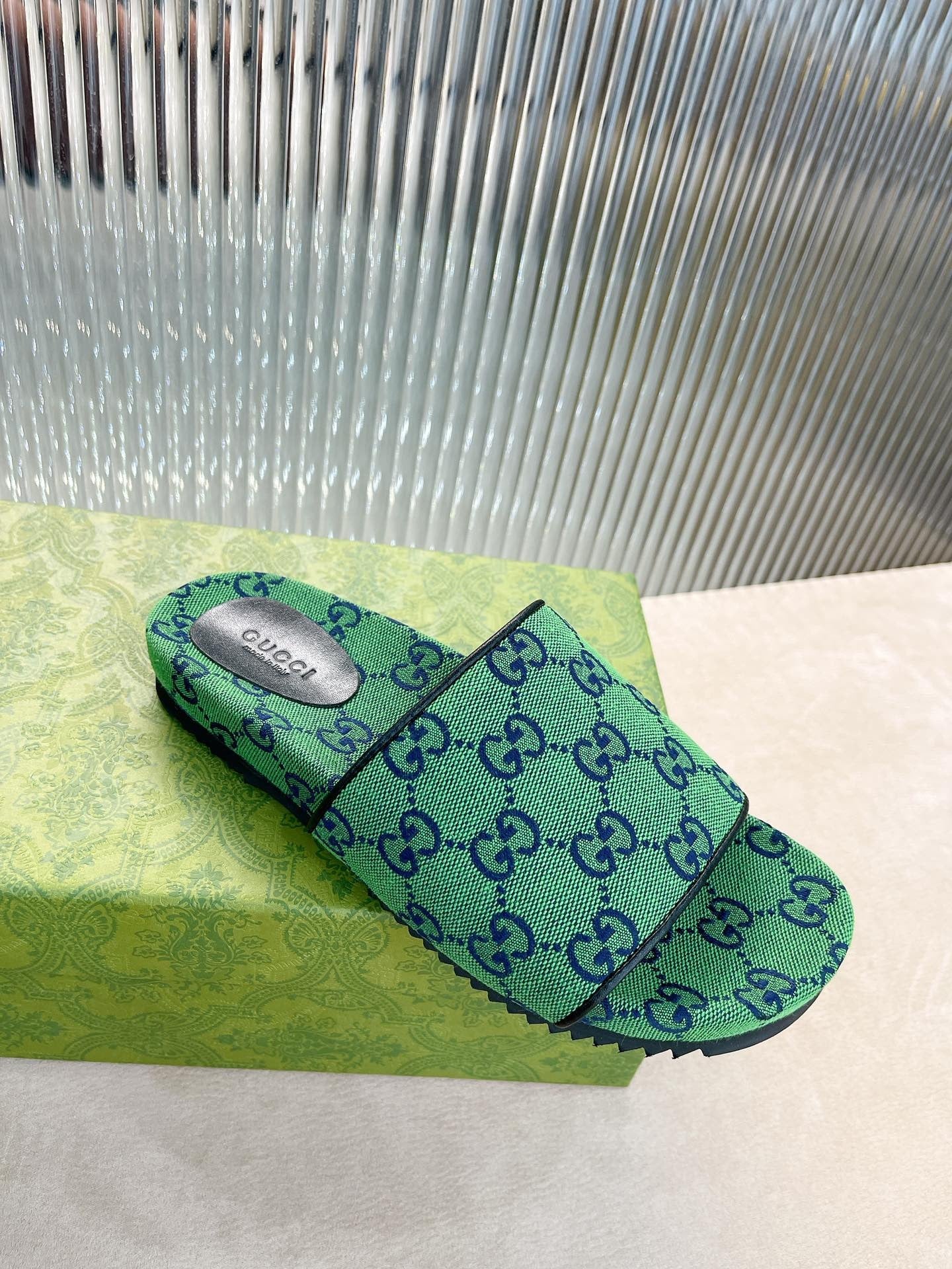 Gucci Green Canvas & Leather Double G Slides