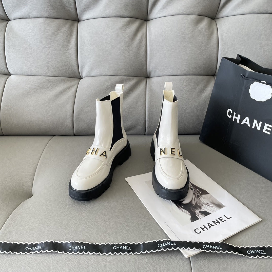 Chanel Lambskin Leather Logo Boots
