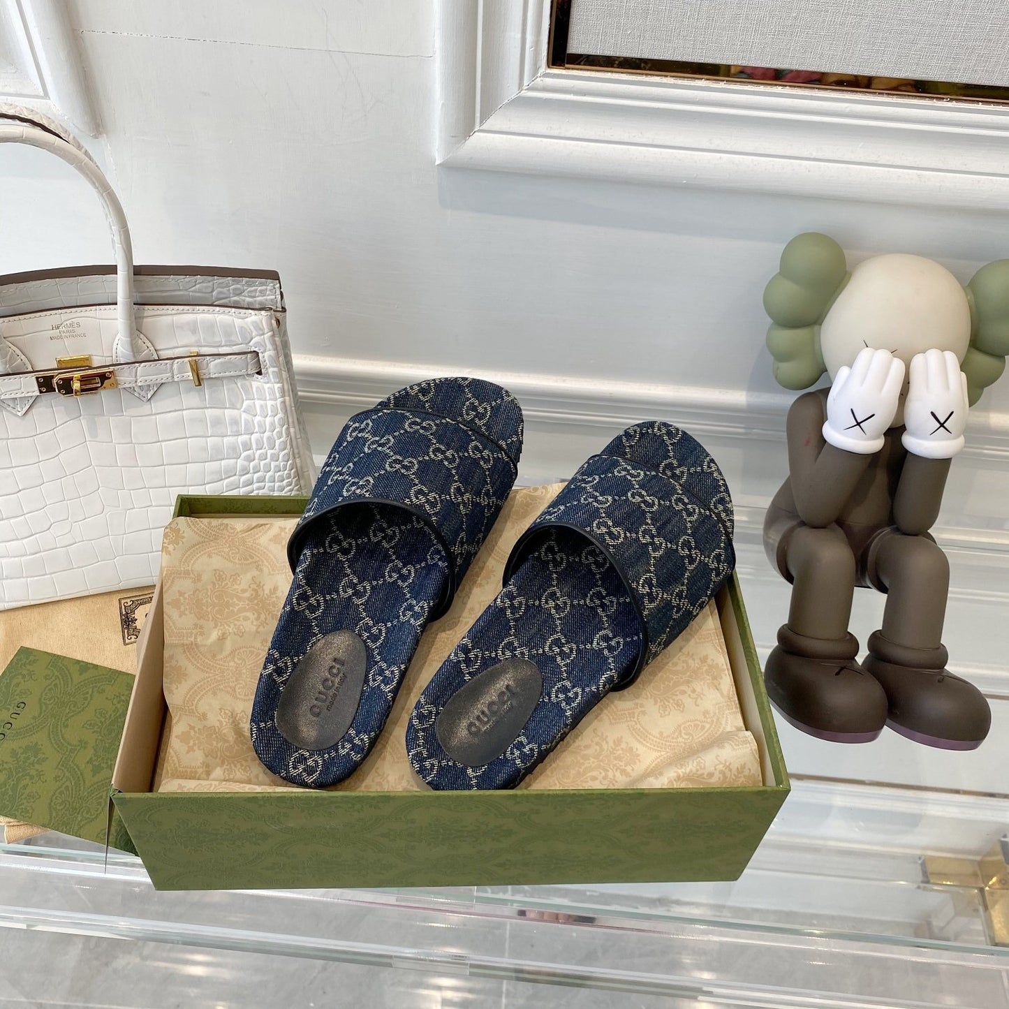 Gucci Green Canvas & Leather Double G Slides
