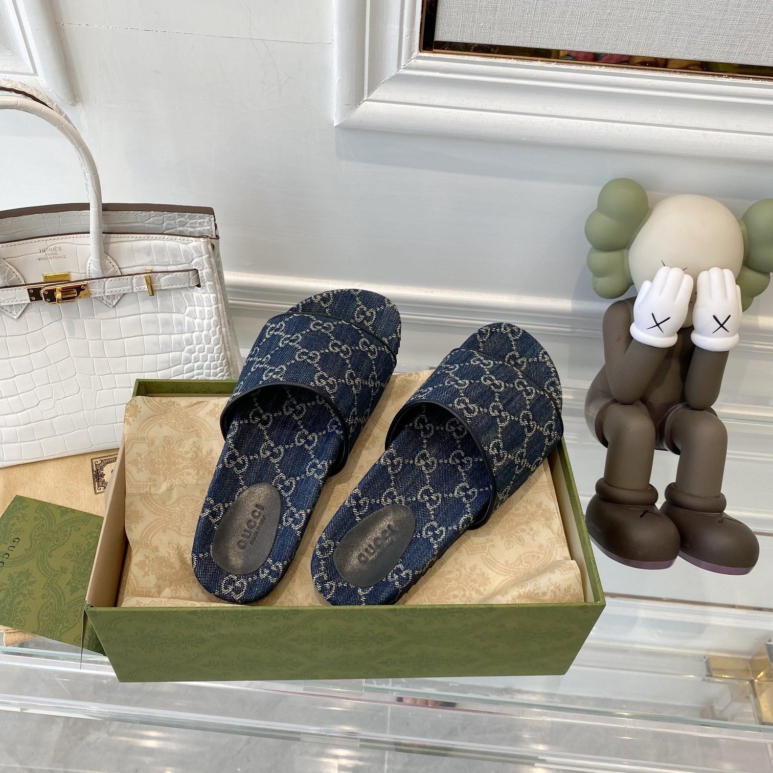 Gucci Green Canvas & Leather Double G Slides
