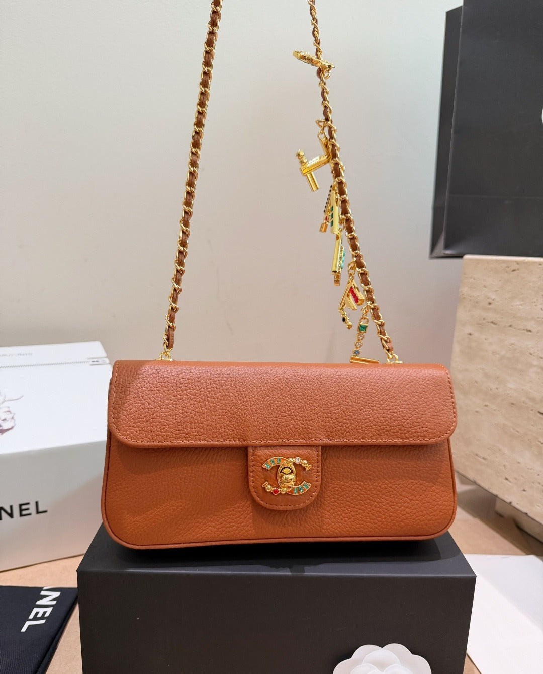 Chanel Black Leather Pearl Handbag
