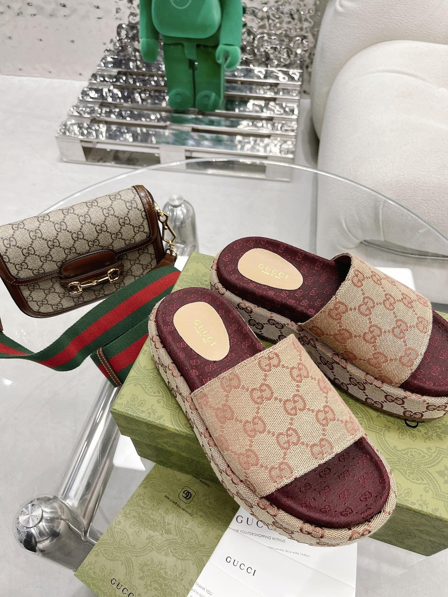 Gucci Green Canvas & Leather Double G Slides