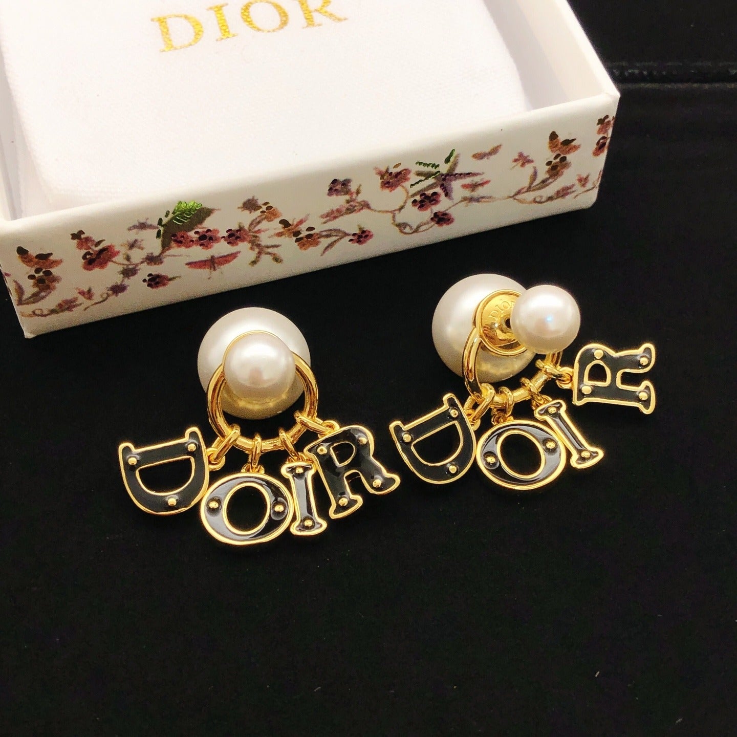 Dior Black Brass Logo Earrings