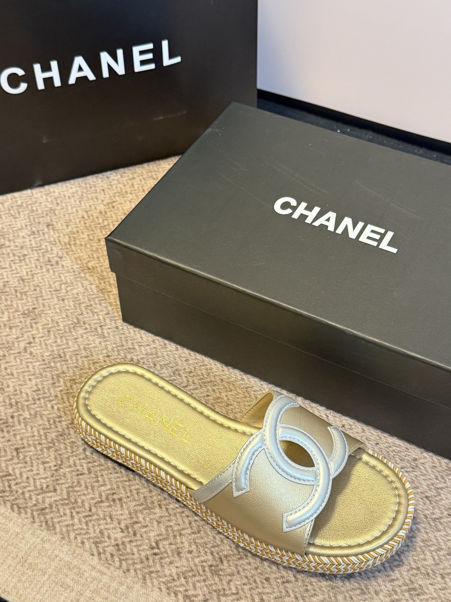 Chanel Lambskin Leather Logo Slides