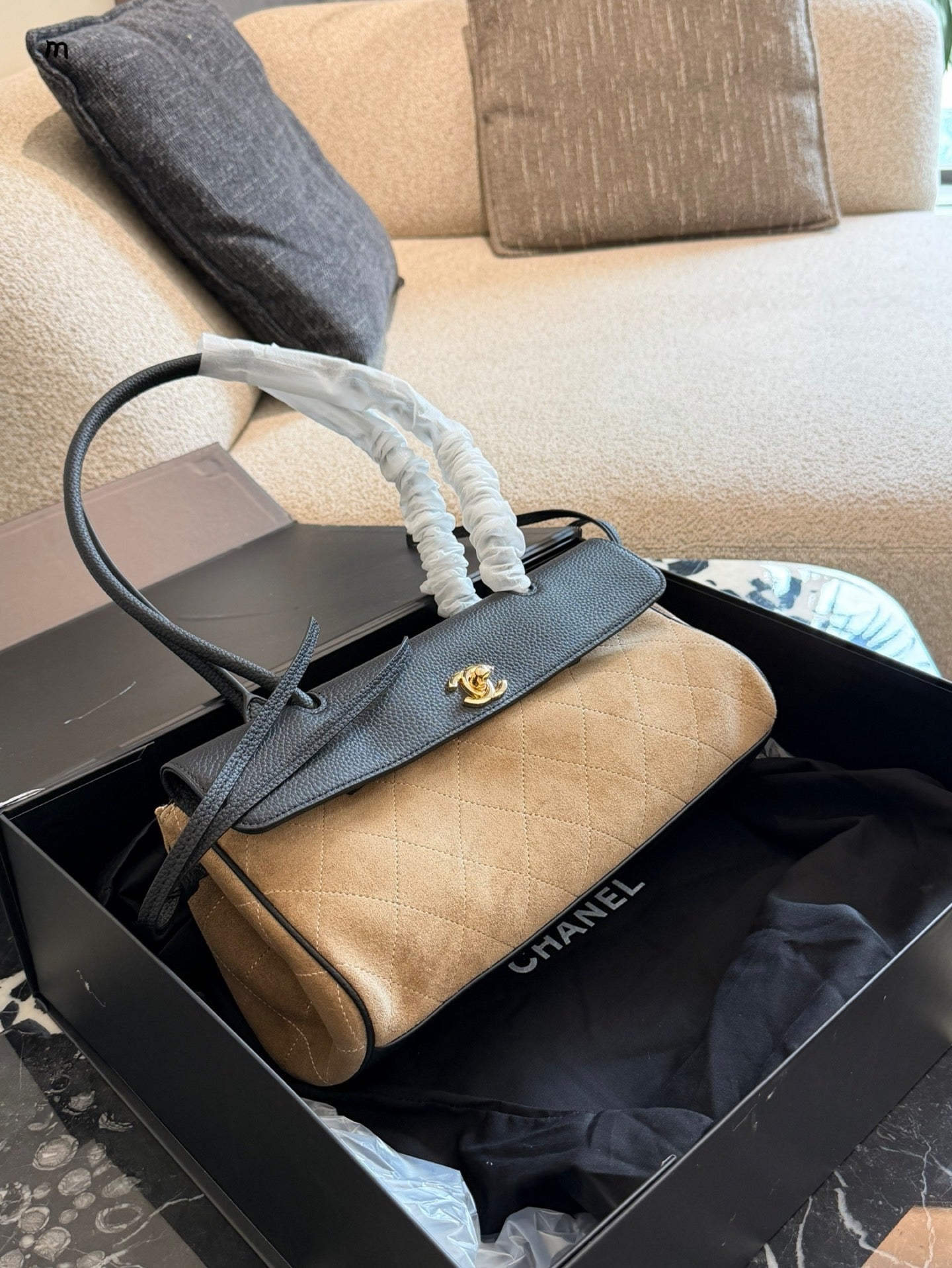 Chanel Black Suede & Leather Colorblock Handbag