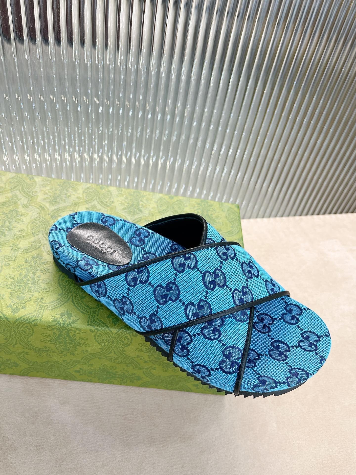 Gucci Green Canvas & Leather Double G Slides