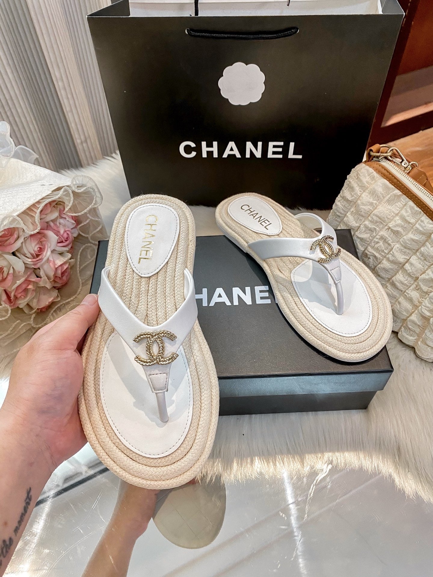 Chanel White Slides