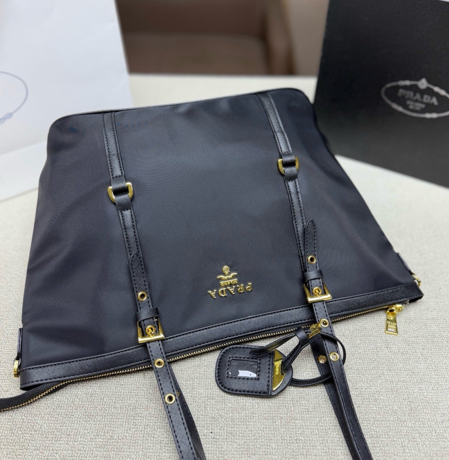 Prada Nylon & Leather Zip Tote Bag