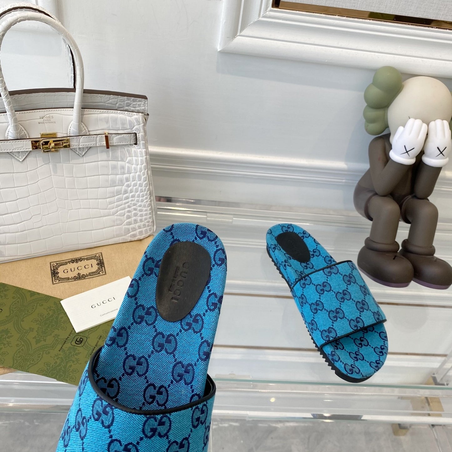 Gucci Green Canvas & Leather Double G Slides