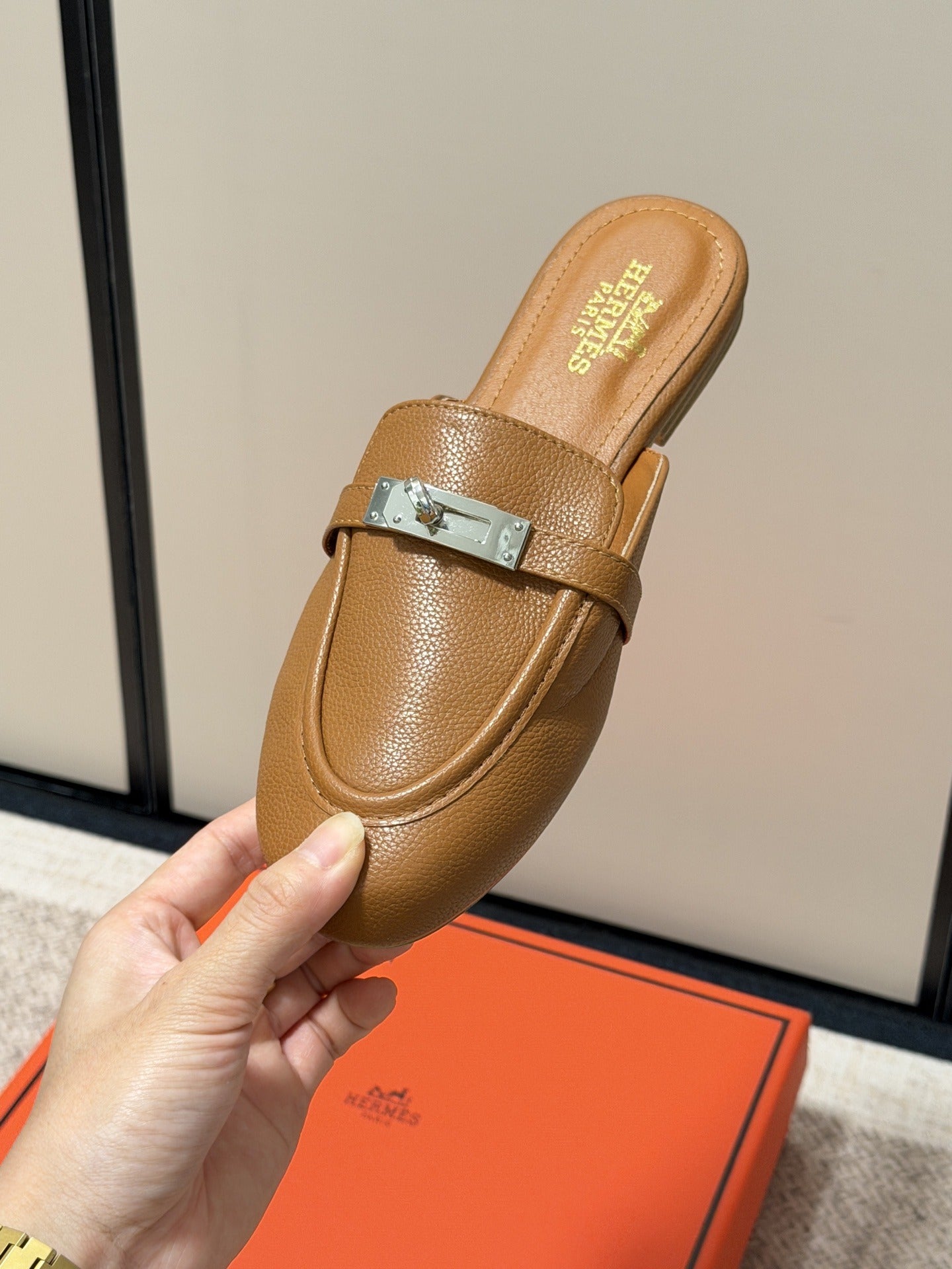 Hermes Calfskin Leather Logo Slides