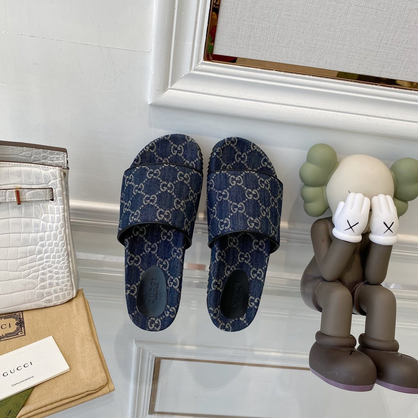Gucci Green Canvas & Leather Double G Slides