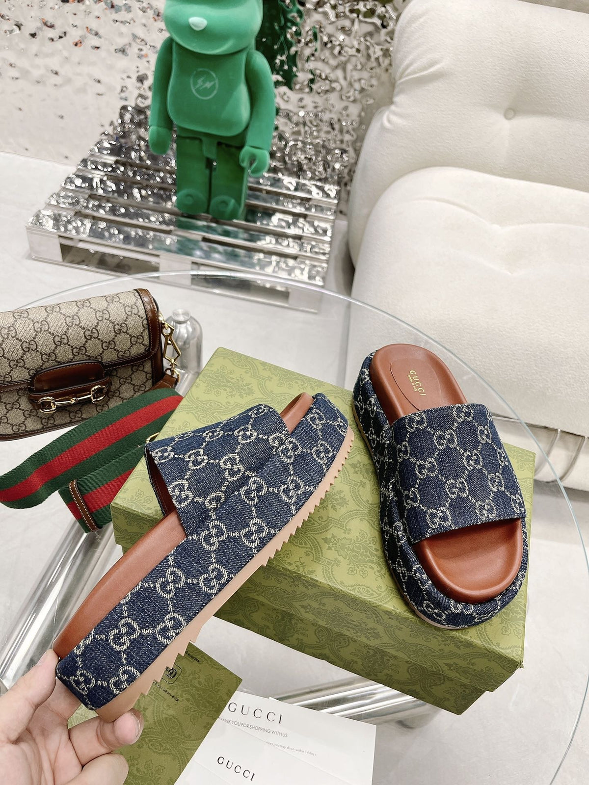 Gucci Green Canvas & Leather Double G Slides