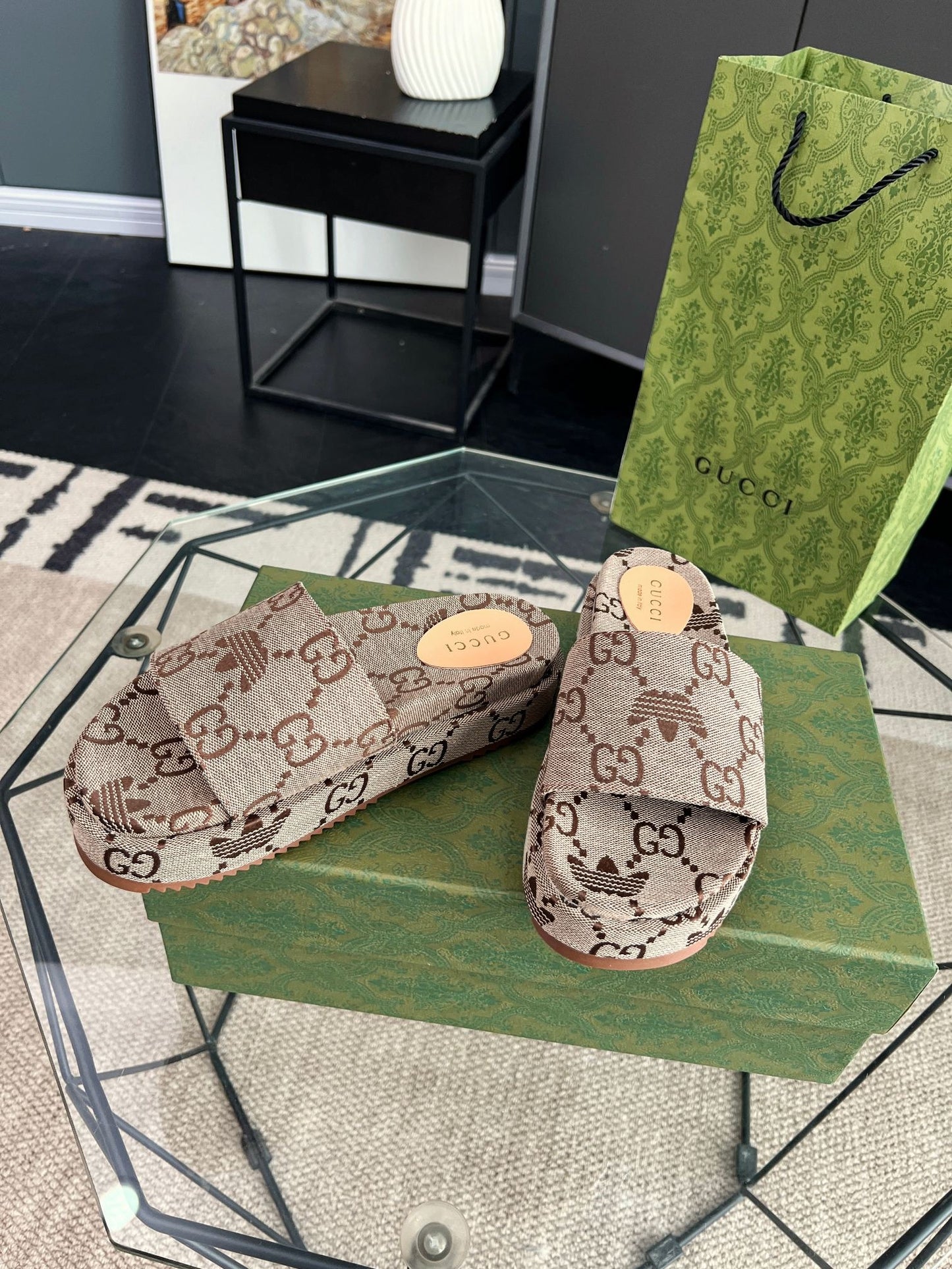 Gucci Green Canvas & Leather Double G Slides